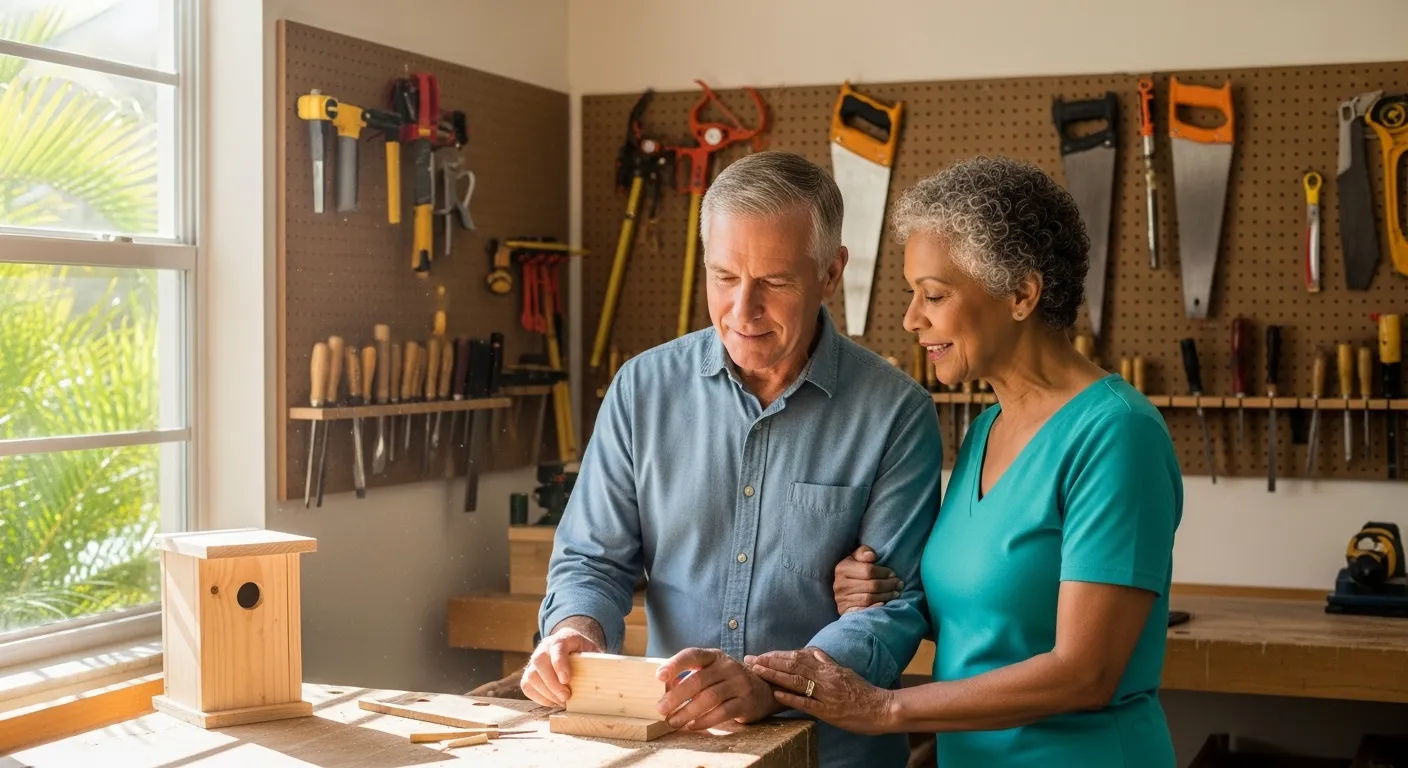 A couple tours a Florida retirement community, examining model homes and amenities.