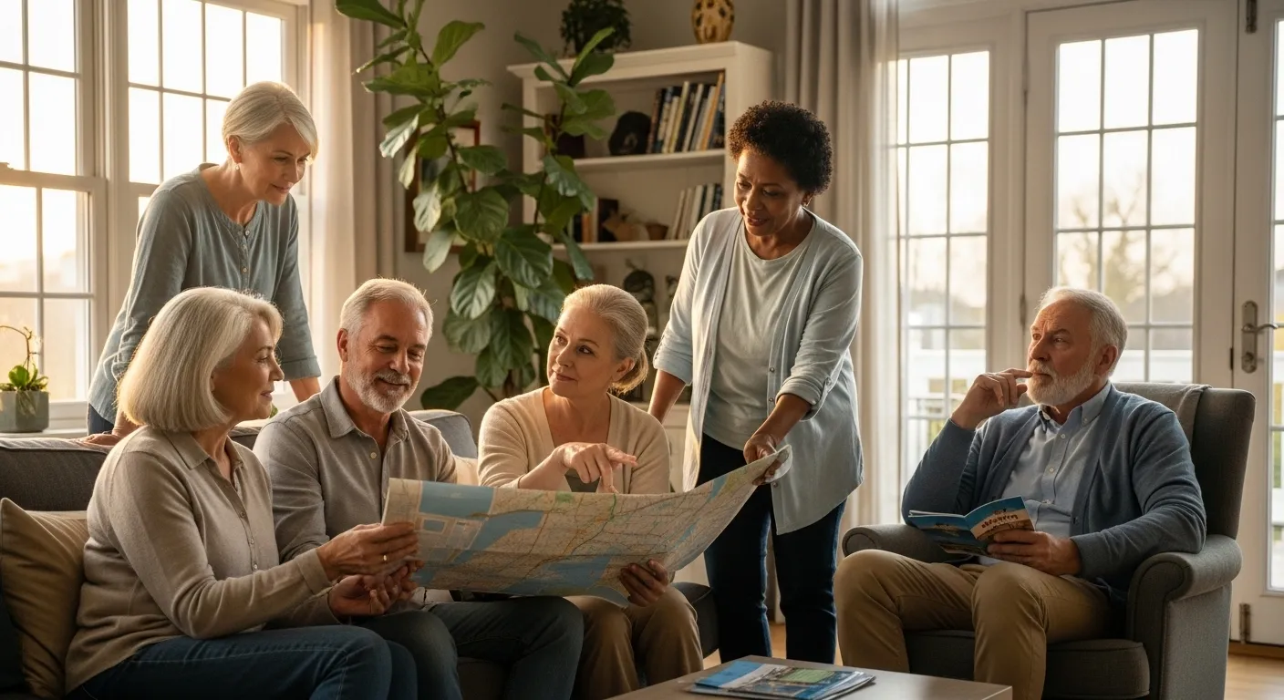 Photo-realistic, senior-friendly scene that visually introduces the section titled 'Frequently Asked Questions About Retirement Healthcare and Relocation'.