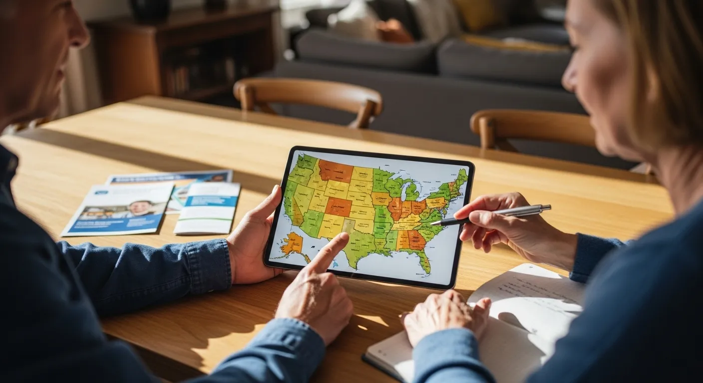 A map of the United States highlighting several states, with icons indicating healthcare access and cost of living.