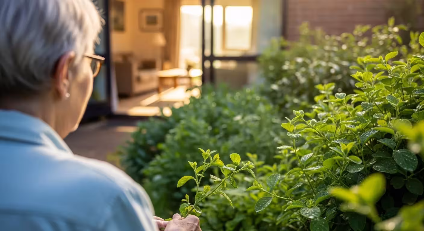 A senior citizen smiling while working in a community garden alongside other volunteers.