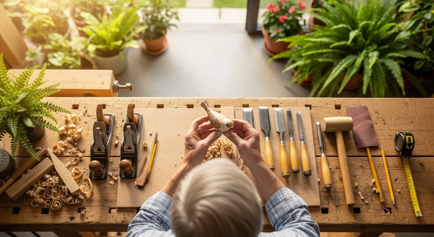 A man works on a woodworking project in a well-lit workshop, surrounded by tools and materials.
