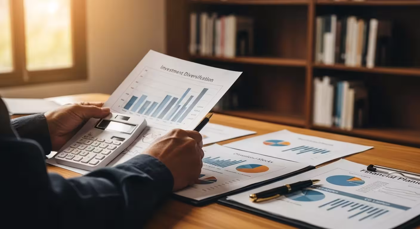 A woman reviews financial documents and charts, showing various investment options.