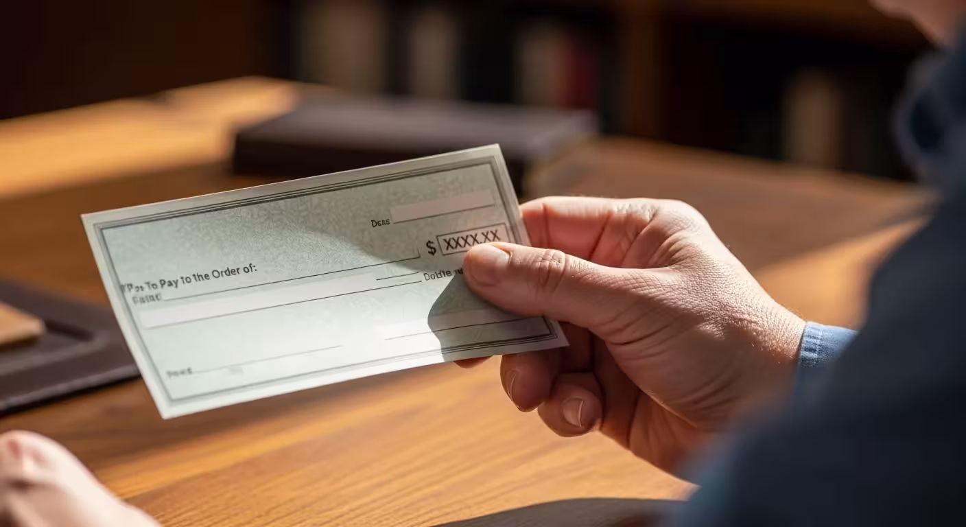 A photograph of a senior's hands holding a check, with a partially visible retirement planning document in the background.