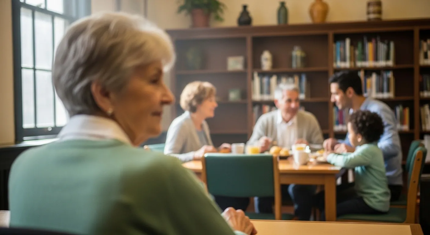 A grandparent enjoys a family dinner with her grandchildren at a home.