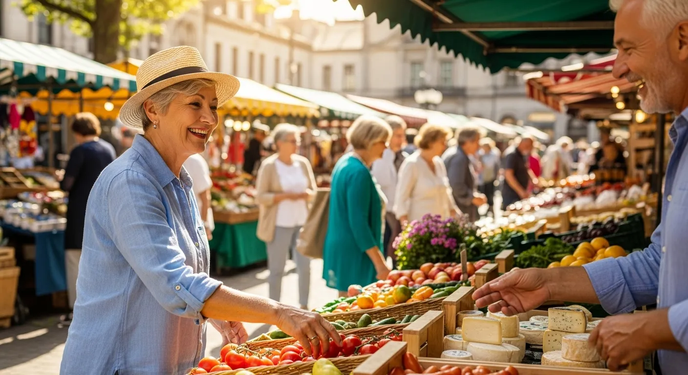 A woman smiles while chatting with others at an outdoor community event in a sunny, walkable city.