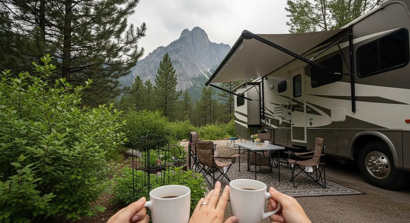 A modern RV parked in a scenic national park, surrounded by trees and mountains.