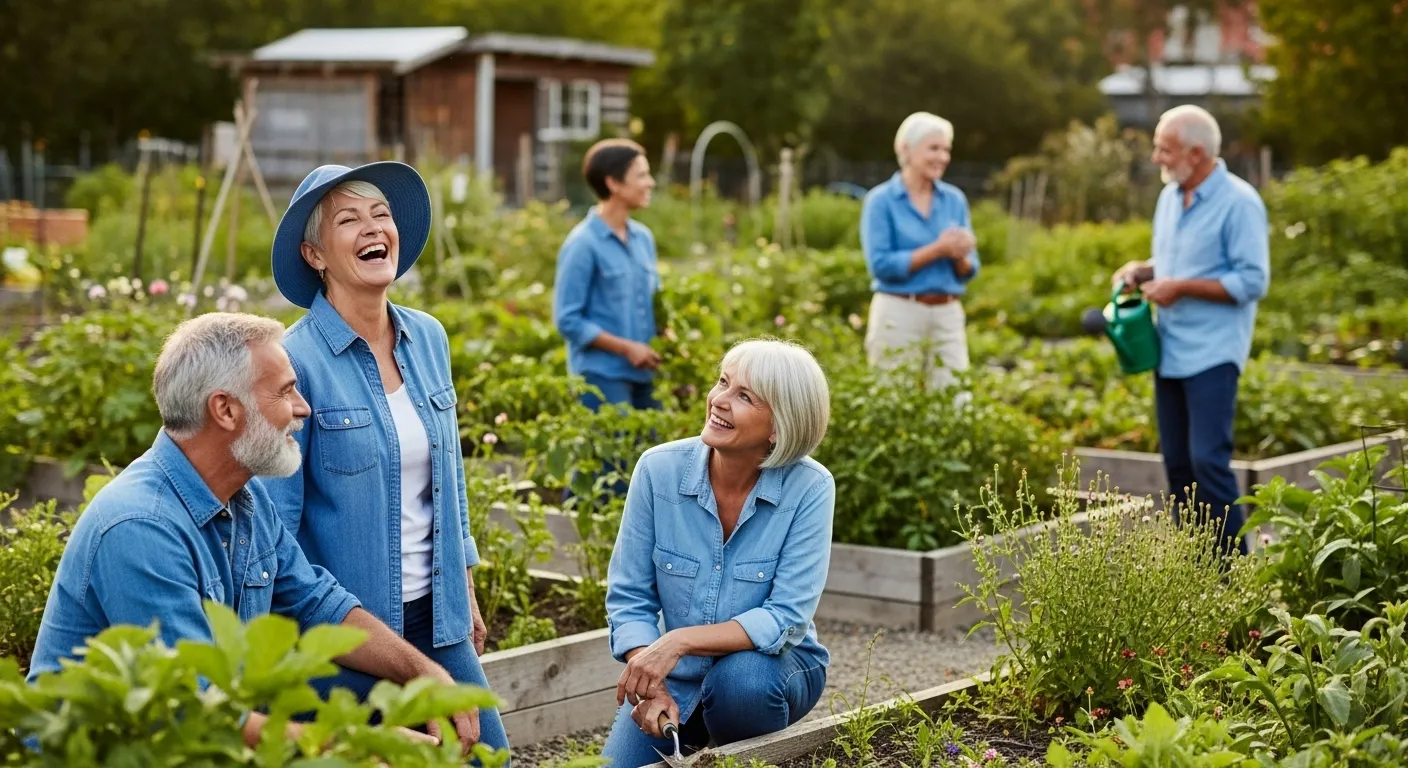 A woman smiles while tending to plants in a community garden, other people are visible in the background.