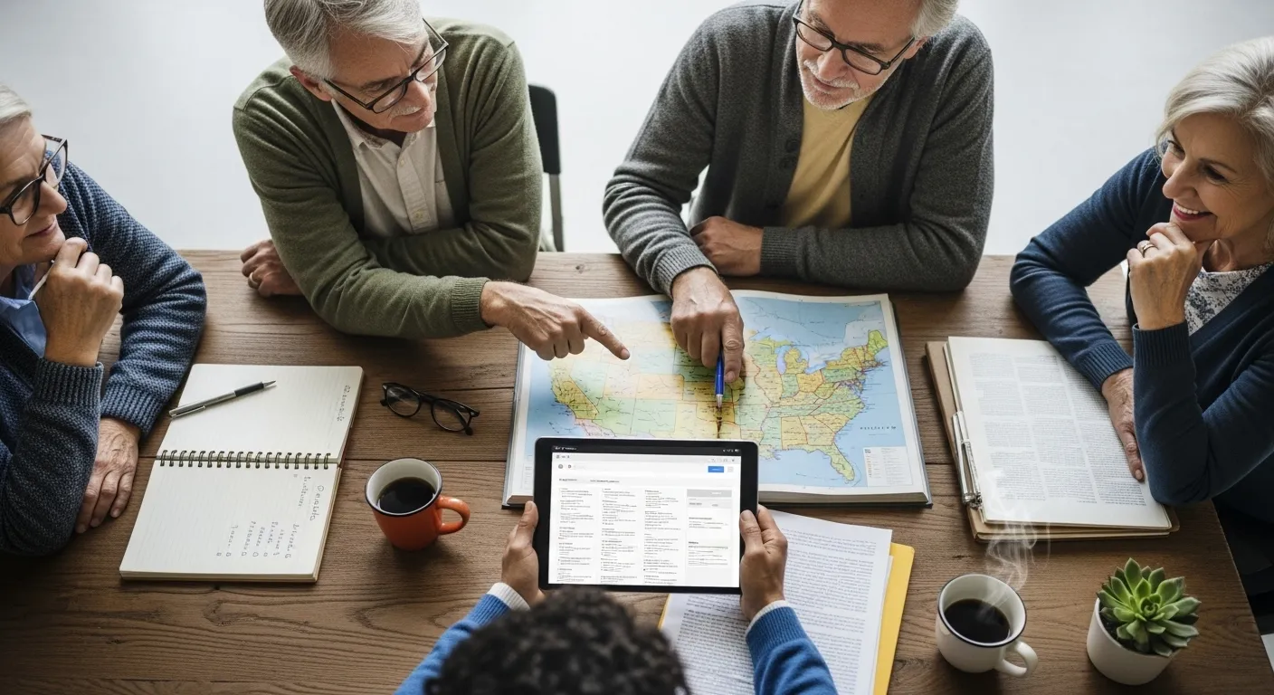 Photo-realistic, senior-friendly scene that visually introduces the section titled 'How to Research a State for YOUR Retirement: A Step-by-Step Guide'.