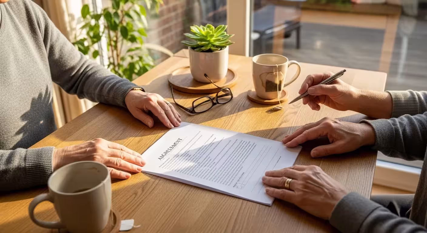A retired couple and their adult child are sitting at a kitchen table, reviewing a document together.