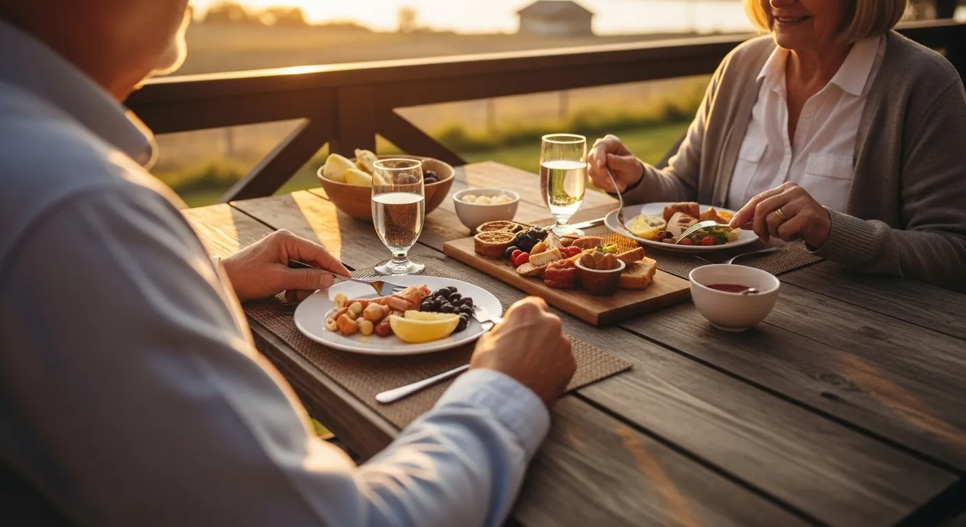 A couple sits on a patio overlooking a sunny, scenic landscape, enjoying a meal.