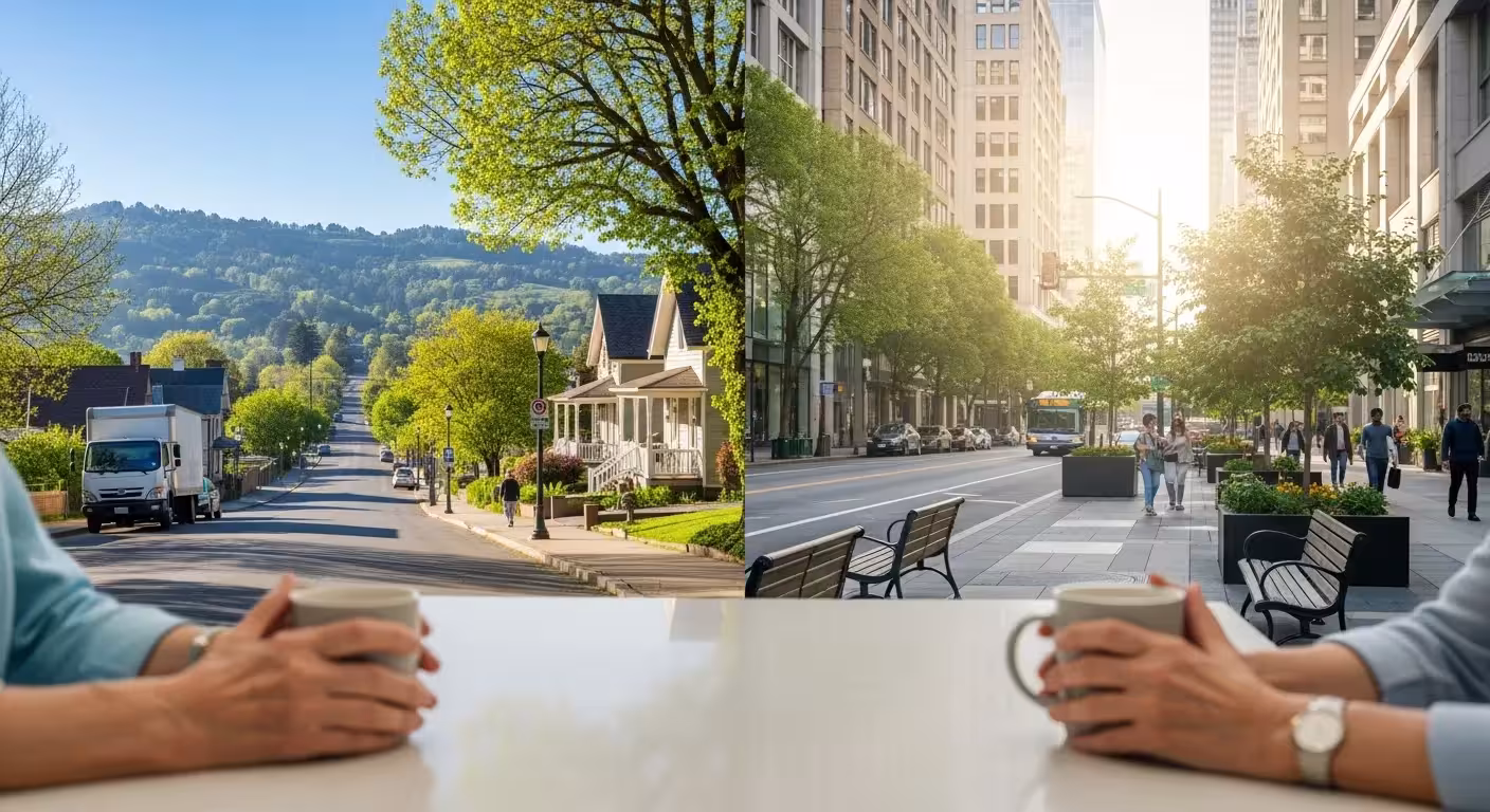 A comparative photograph depicting a quiet, tree-lined street in a small town next to a bustling city street scene with high-rise buildings.