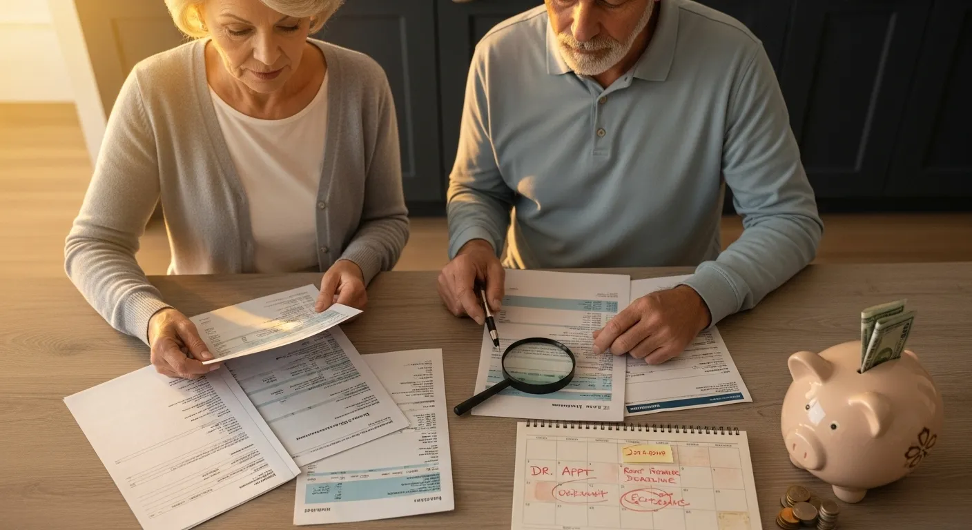 An older couple sits at a kitchen table reviewing financial documents, with a magnifying glass and a calendar visible nearby.