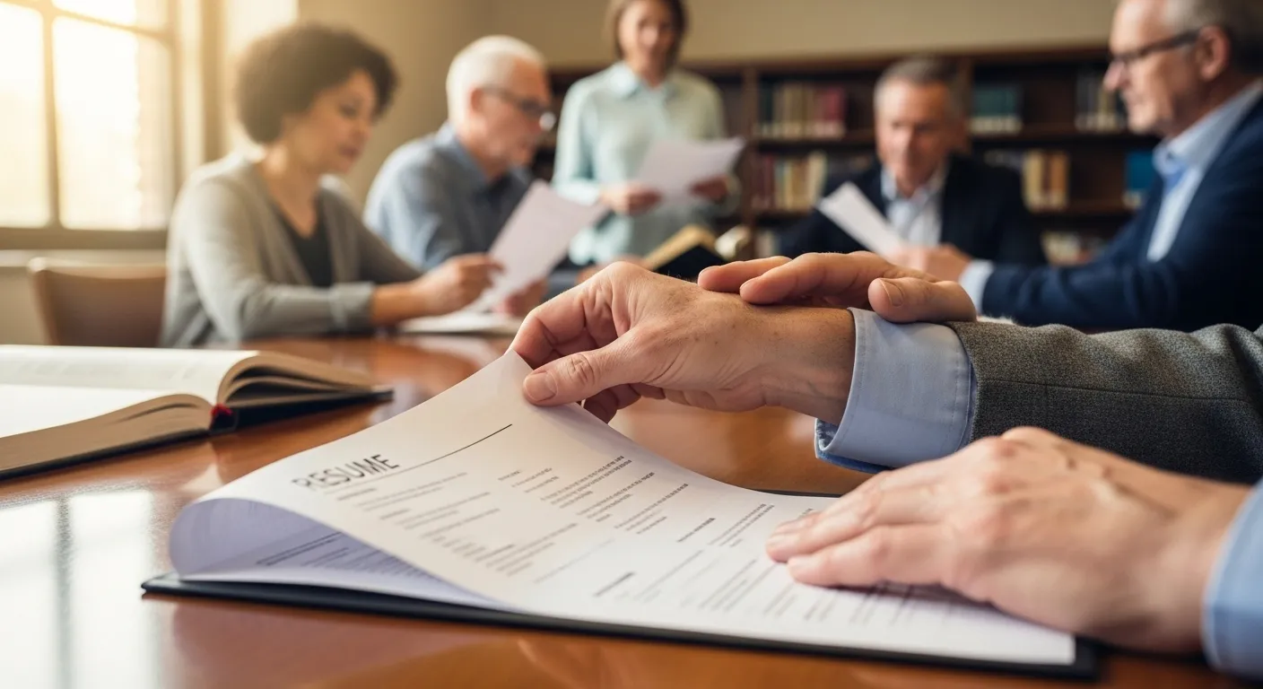 Photo-realistic, senior-friendly scene that visually introduces the section titled 'Sample Resume Walkthrough: From Corporate Manager to Bookstore Clerk'.