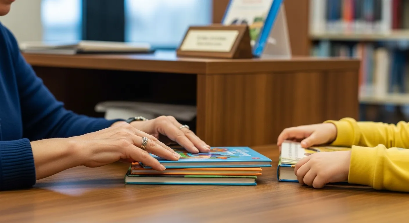 A woman smiles warmly while assisting a child at a library, surrounded by bookshelves.