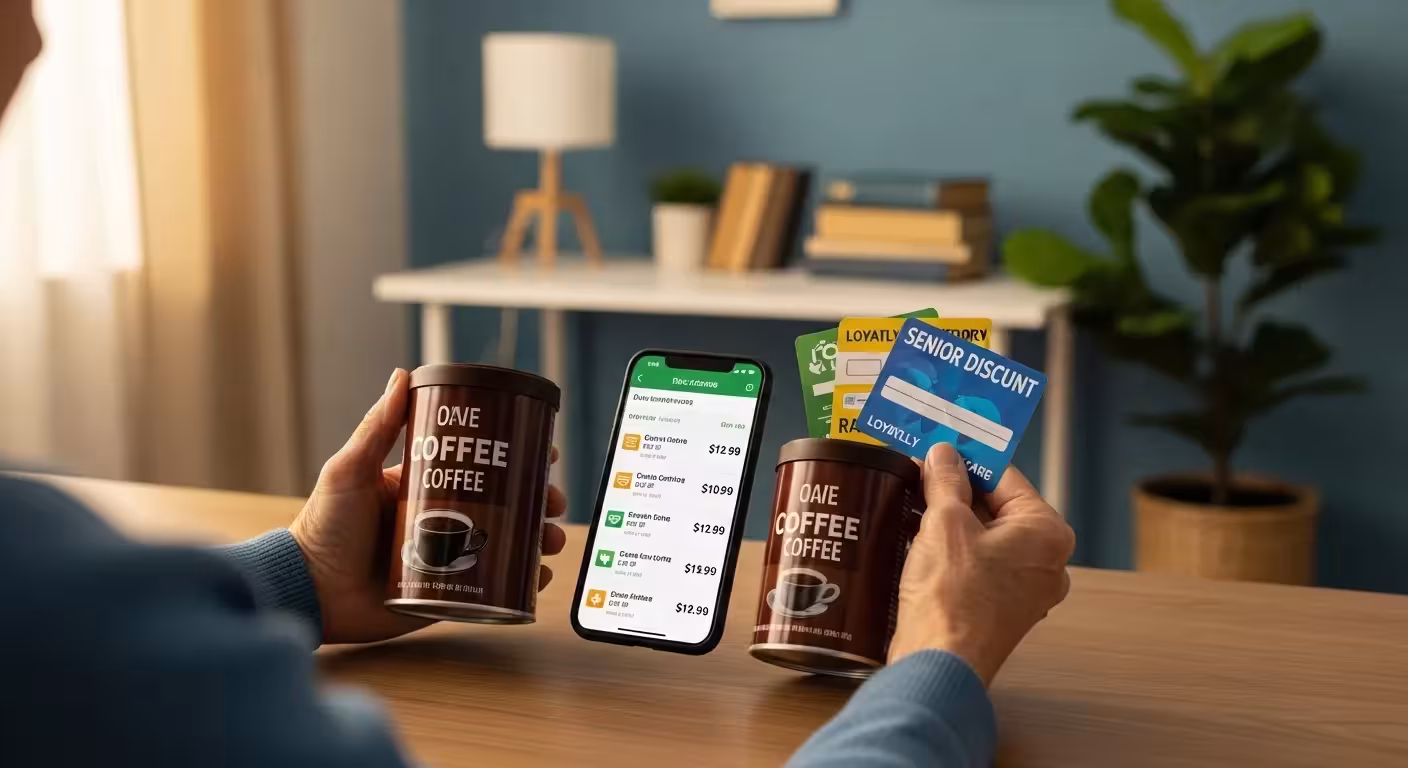 A senior citizen compares the prices of two coffee cans, using a smartphone and loyalty cards.