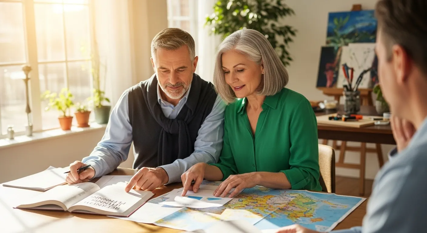 A couple reviews financial documents at a table, with travel plans and creative hobby materials present.