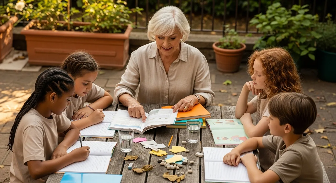 A smiling older woman sits at a table with children, assisting them with schoolwork in a brightly lit library setting.