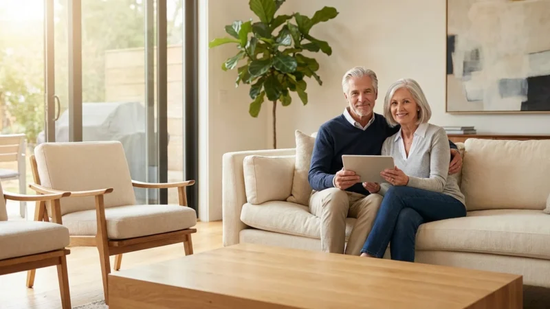 A mature couple looking at a tablet together in a bright, modern home, representing financial peace.