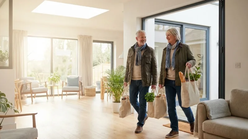 A happy senior couple carrying shopping bags into a sunlit, modern home during springtime.