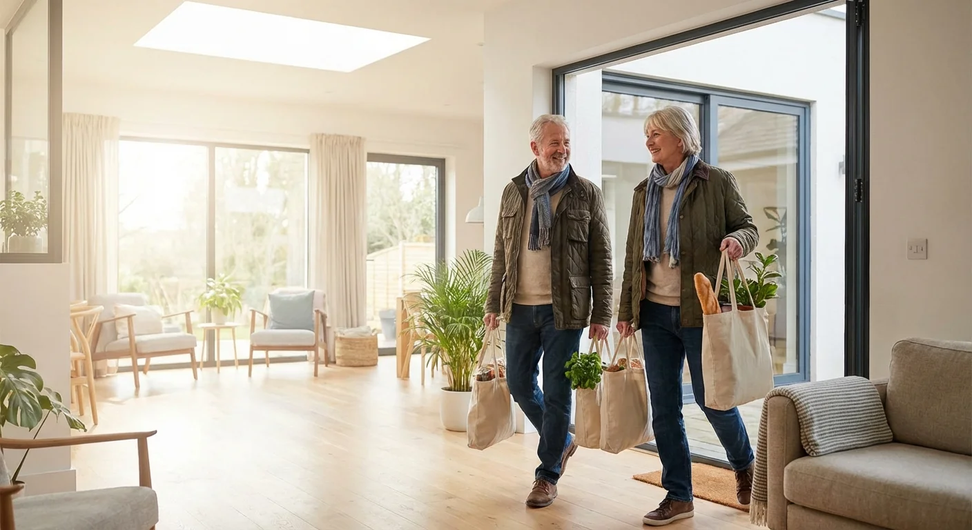 A happy senior couple carrying shopping bags into a sunlit, modern home during springtime.