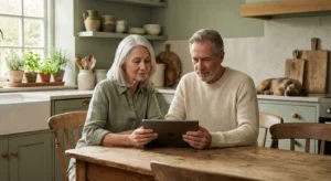 A retired couple calmly reviewing financial information on a tablet in a bright, modern kitchen.