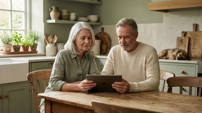 A retired couple calmly reviewing financial information on a tablet in a bright, modern kitchen.