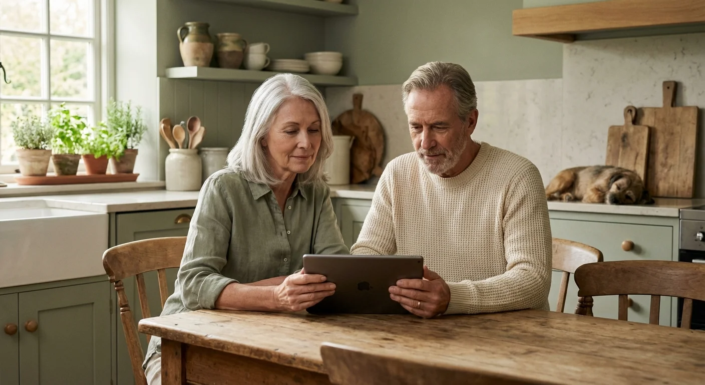 A retired couple calmly reviewing financial information on a tablet in a bright, modern kitchen.