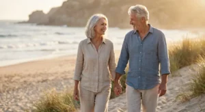 A retired couple walking happily on a beach at sunset, representing financial security.