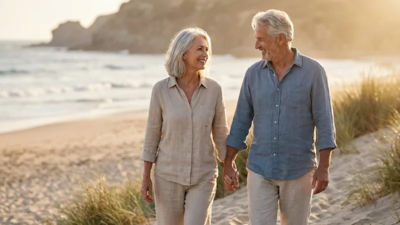 A retired couple walking happily on a beach at sunset, representing financial security.