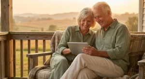 A senior couple smiling while looking at a tablet on a sunlit porch.