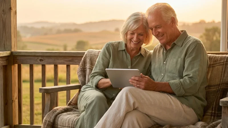 A senior couple smiling while looking at a tablet on a sunlit porch.