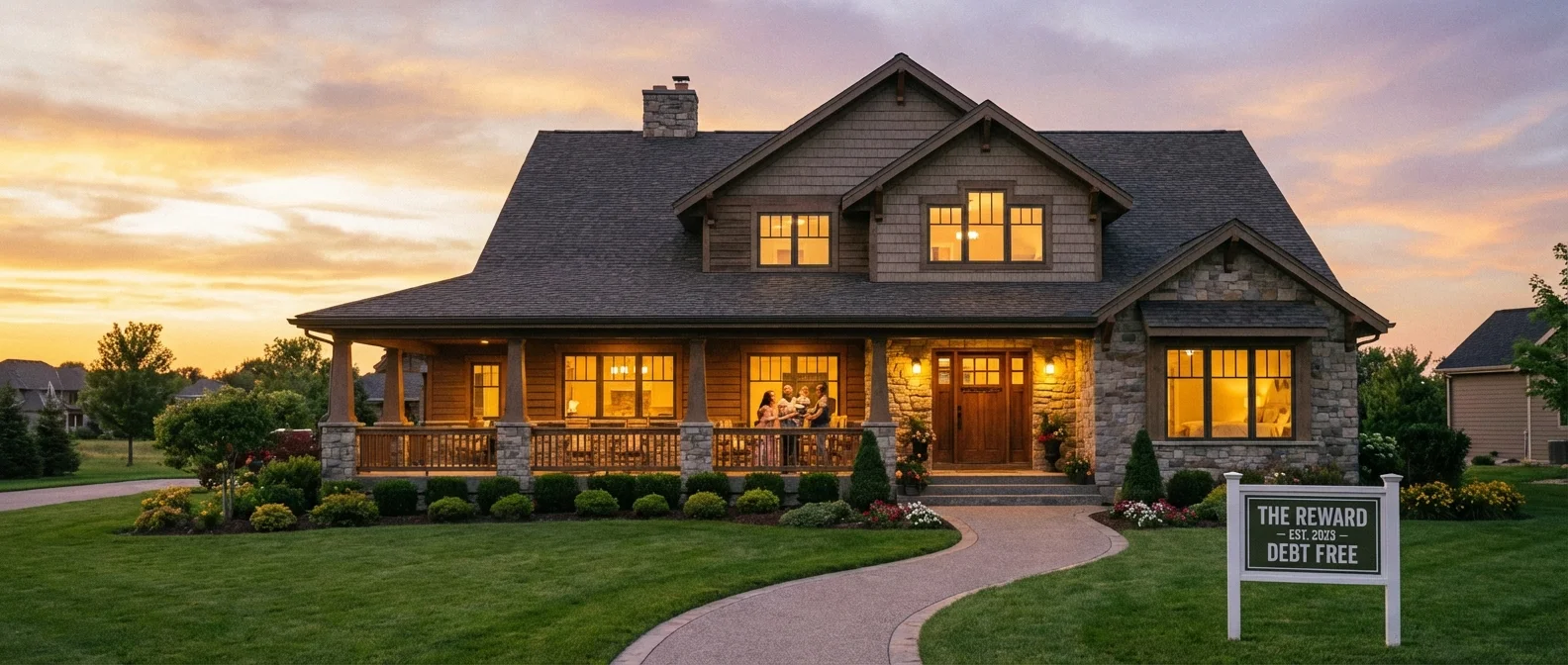 A beautiful American home at sunset, symbolizing total financial success.