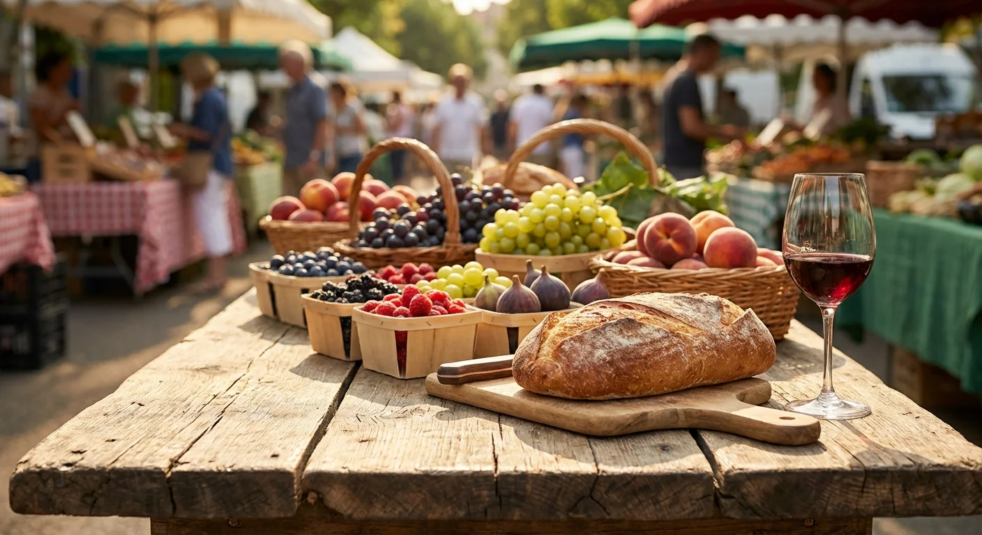 A beautiful arrangement of fresh local produce and wine on a rustic table in the sun.