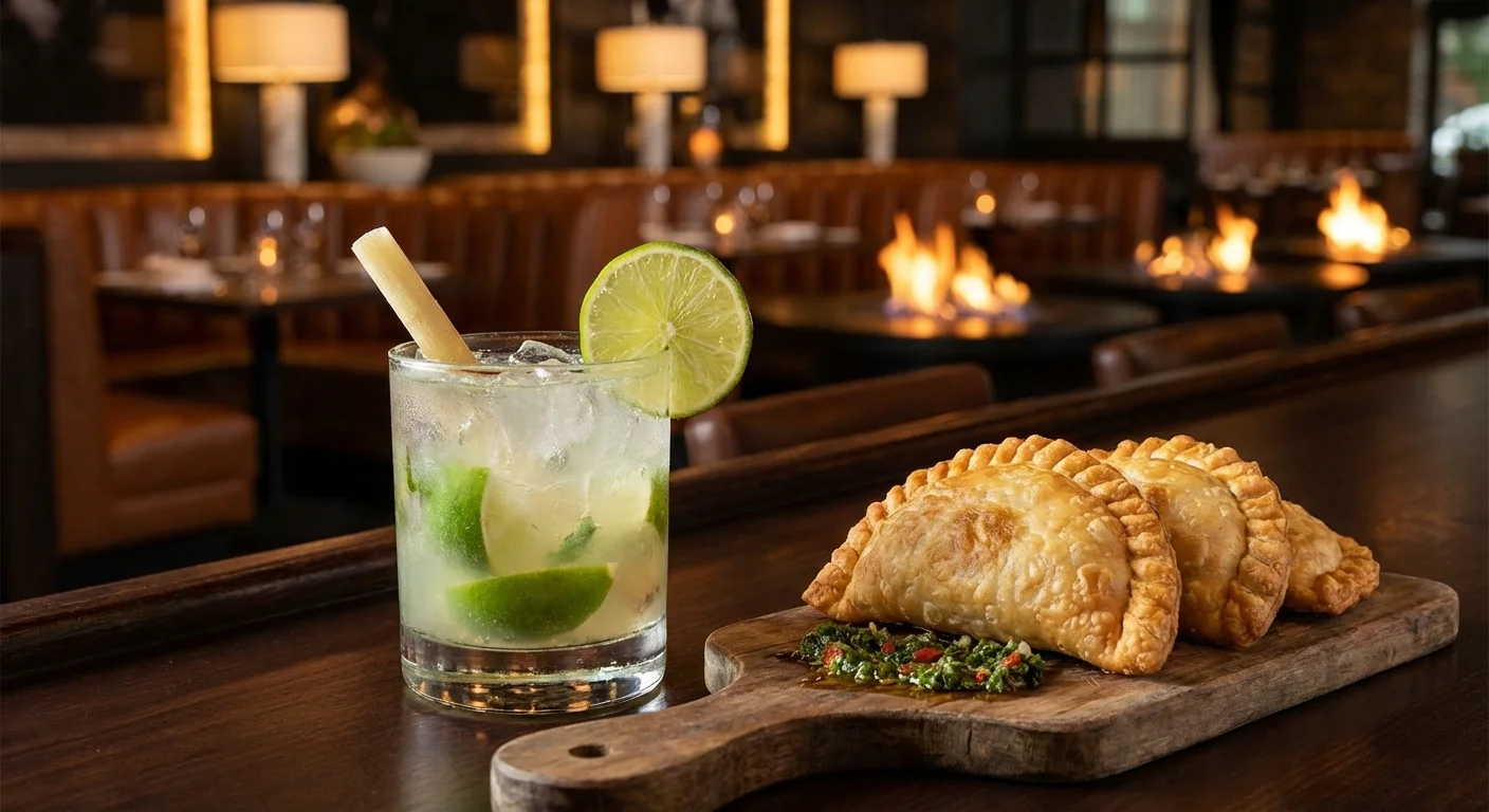 A Brazilian cocktail and empanadas served on a dark wooden bar at Fogo de Chão.
