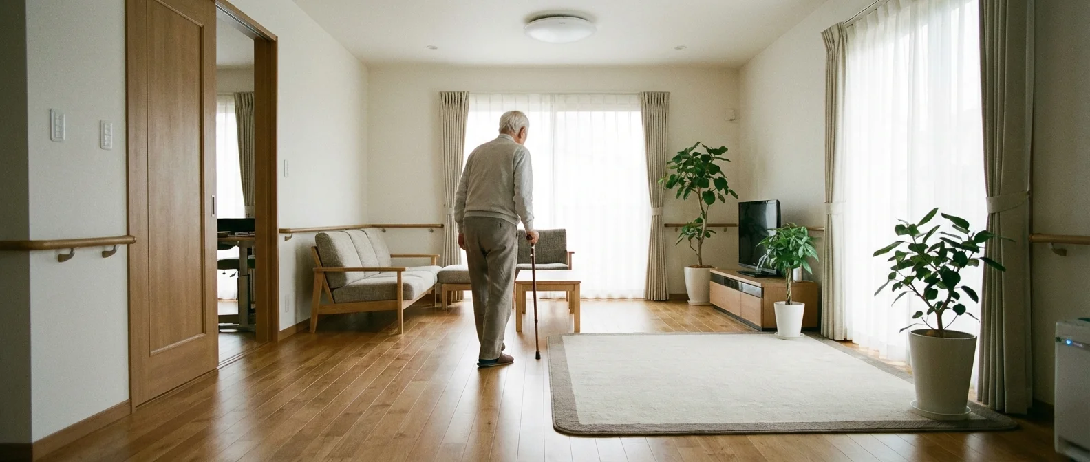 A bright, tidy living room with clear walkways, emphasizing home safety for seniors.