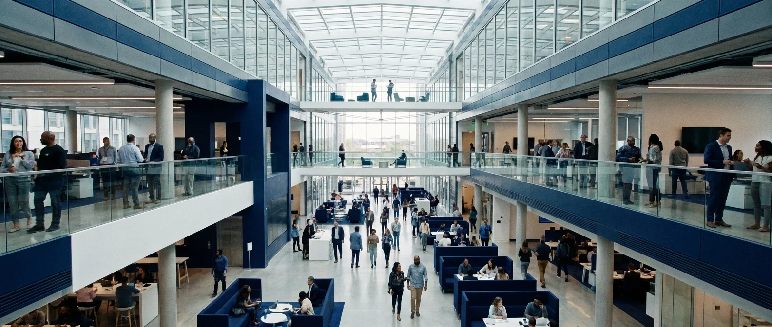 A bustling, modern corporate office atrium filled with professionals.