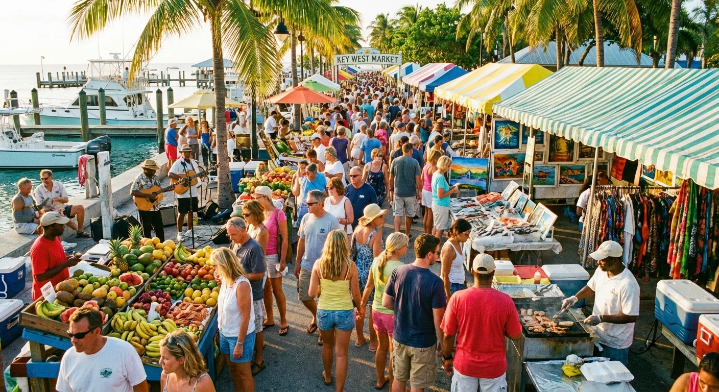 A bustling outdoor market in a Florida coastal town filled with people.