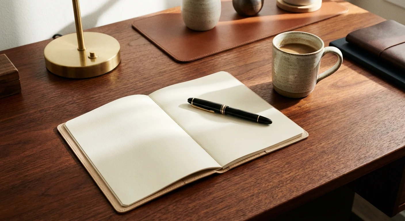 A clean, organized desk with a notebook and coffee, representing the start of financial expense mapping.