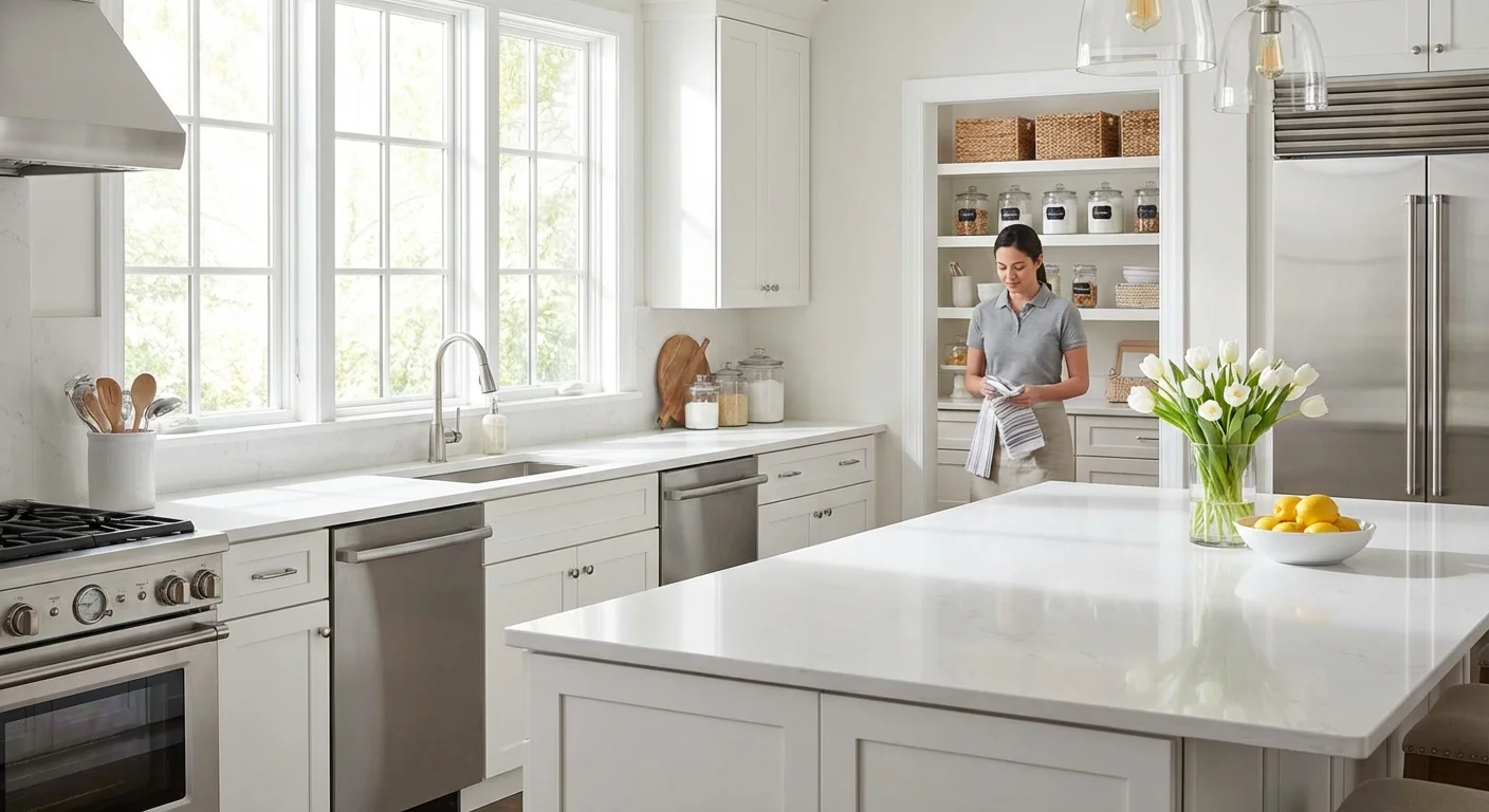 A clean, organized kitchen maintained by a professional cleaning service.