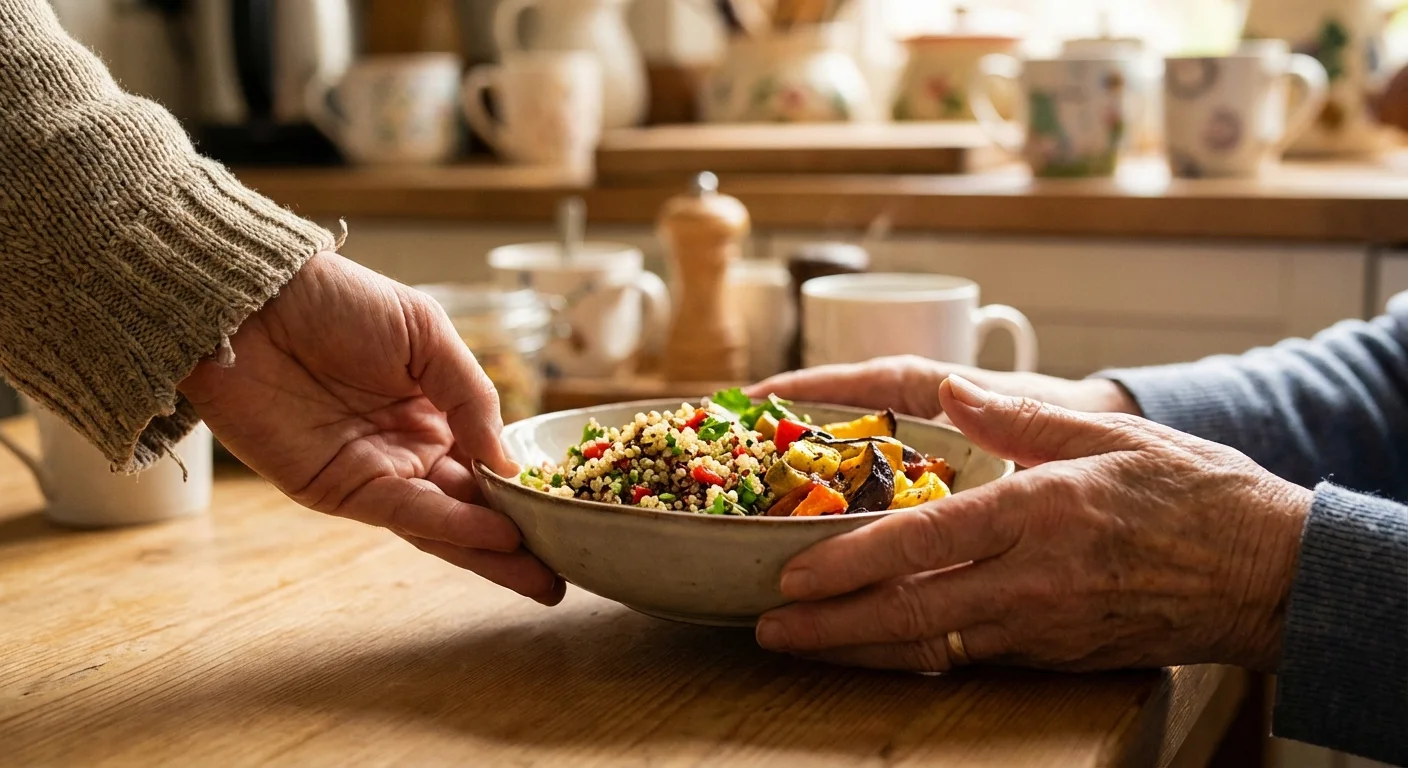 A close-up of a caregiver serving a healthy meal to an elderly parent.