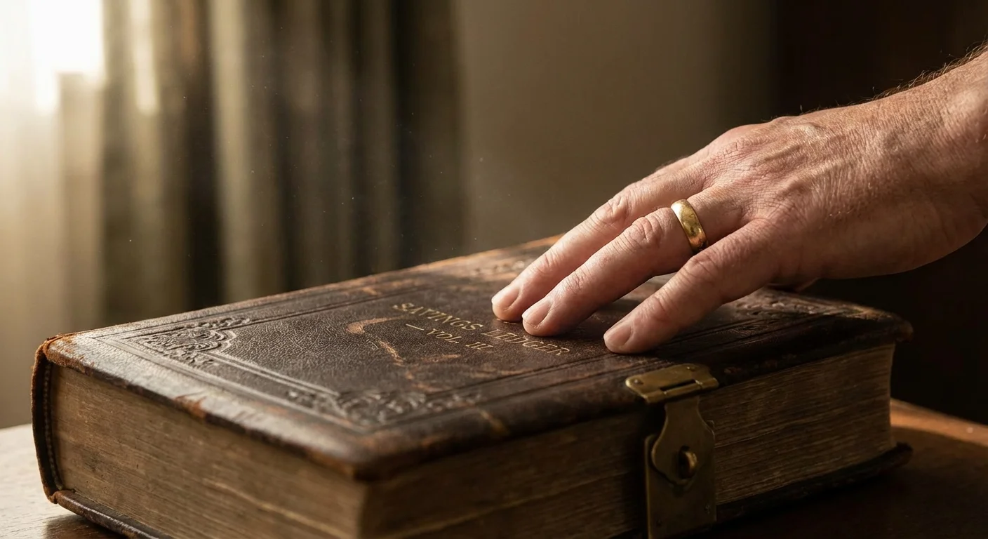 A close-up of a hand touching a leather ledger, suggesting a difficult financial choice.