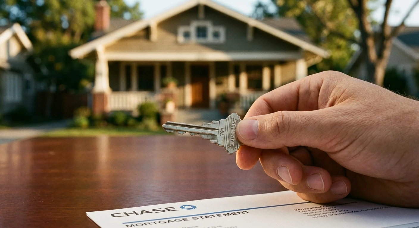 A close-up of a house key on a table with a home visible in the background.