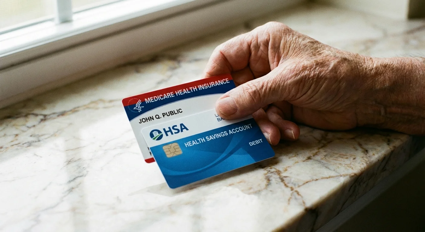 A close-up of a Medicare card and an HSA card held by a senior, symbolizing the complex rules between them.