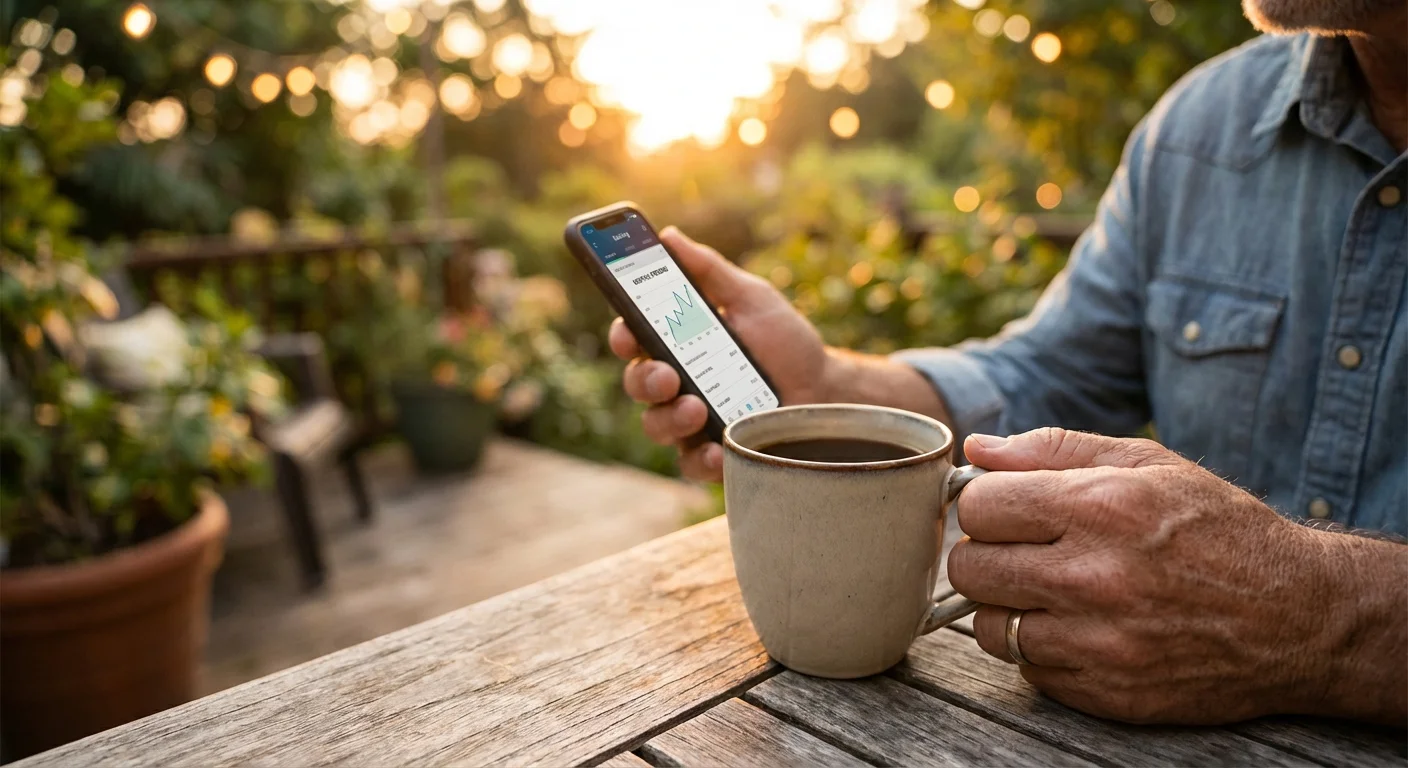 A close-up of a senior person checking their bank account balance on a phone during sunset.