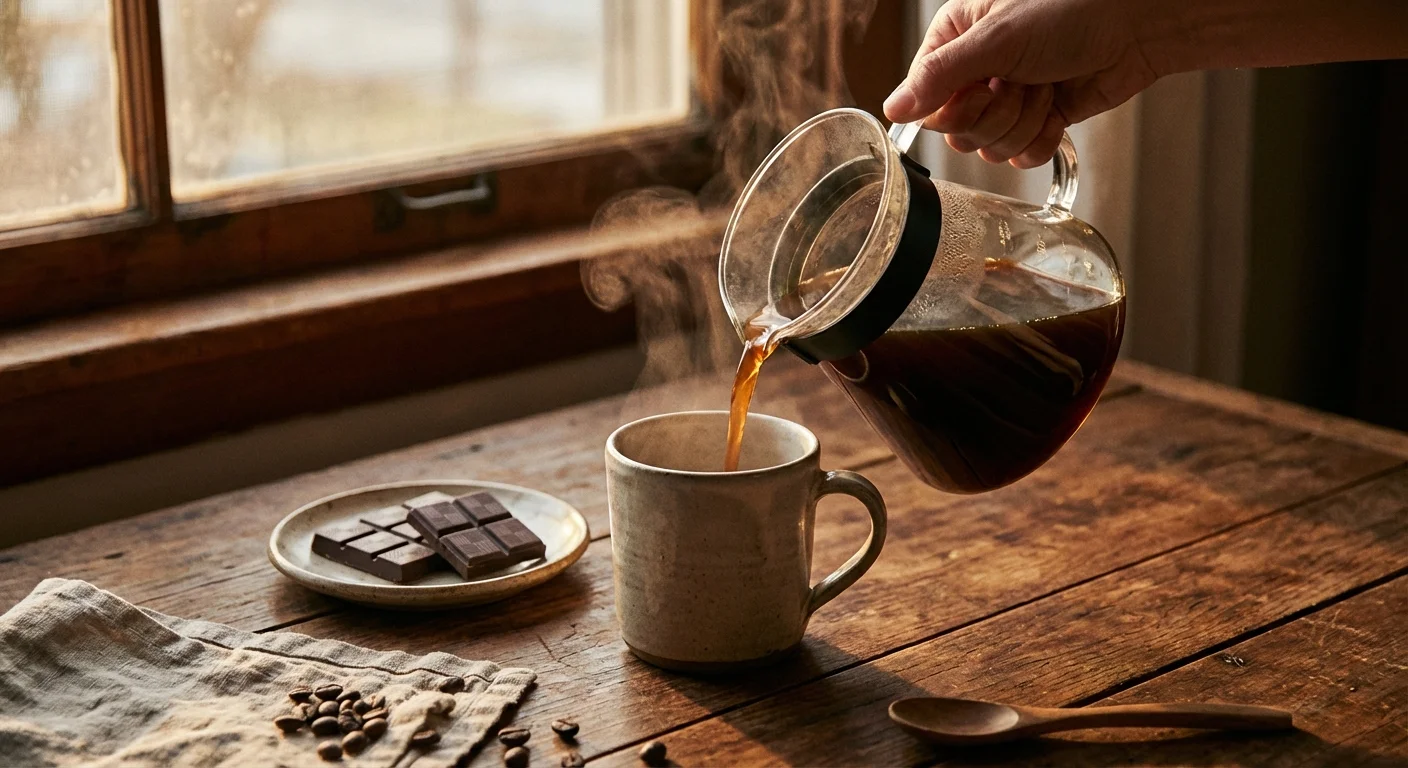 A close-up of fresh coffee being poured next to dark chocolate on a wooden table.