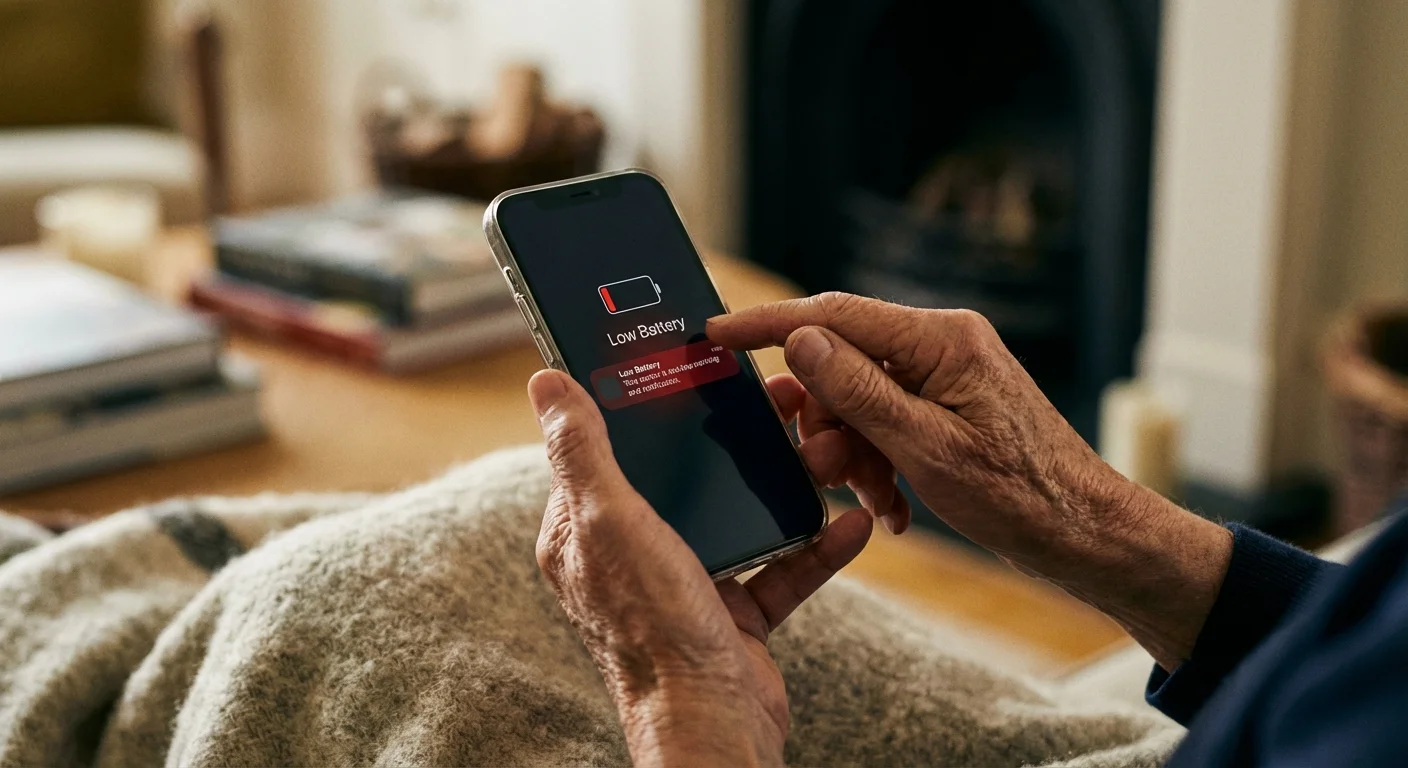 A close-up of hands holding a smartphone with a warning notification icon on the screen.