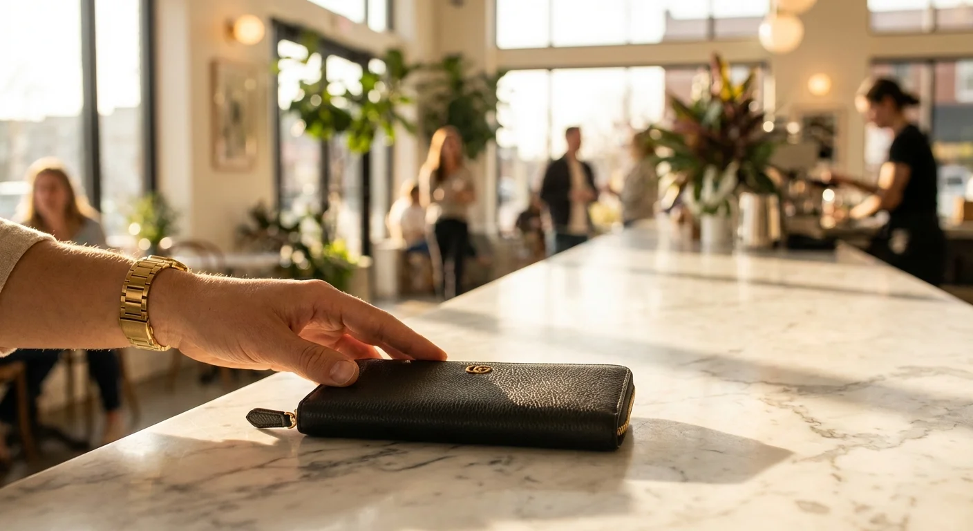 A close-up shot of a hand and a luxury wallet on a marble surface in soft light.