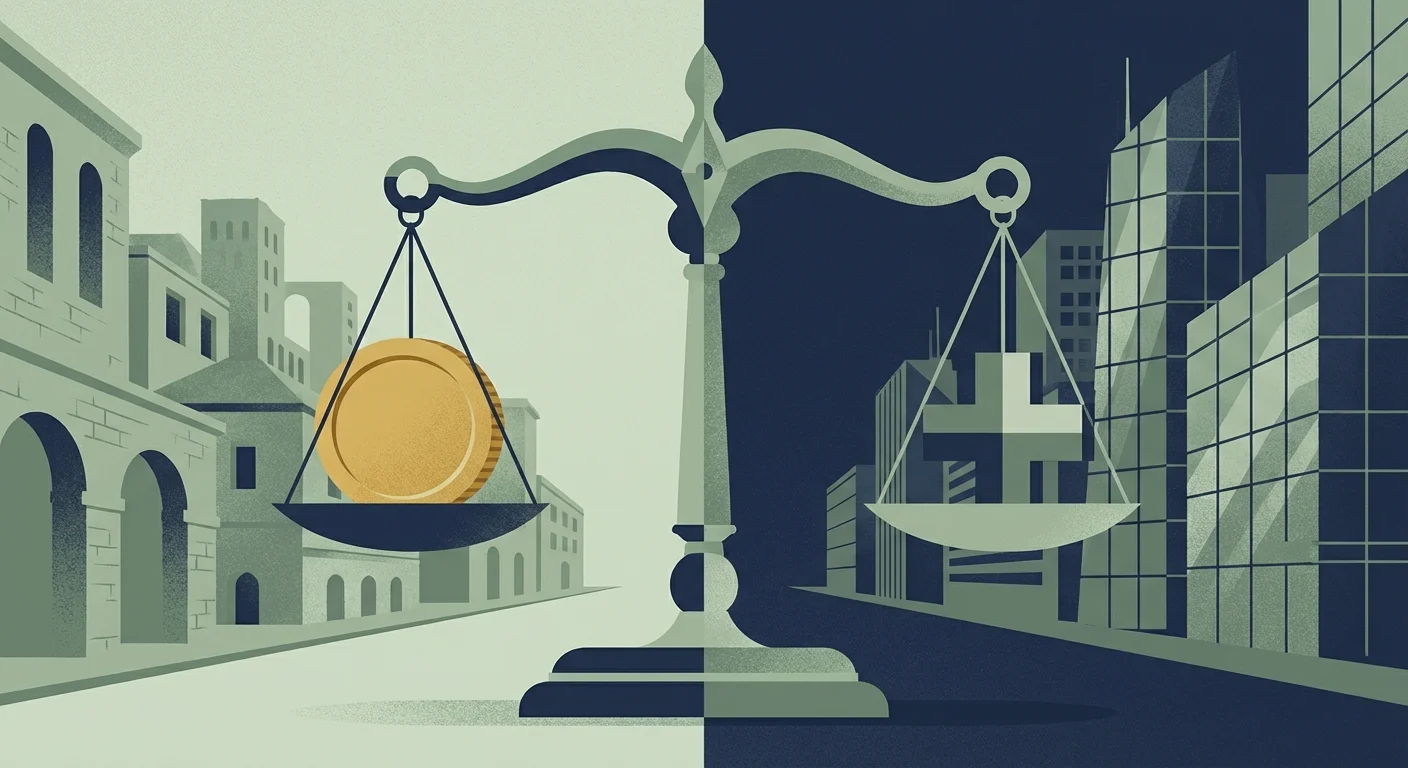 A conceptual editorial illustration of a scale balancing financial and healthcare symbols representing policy differences.