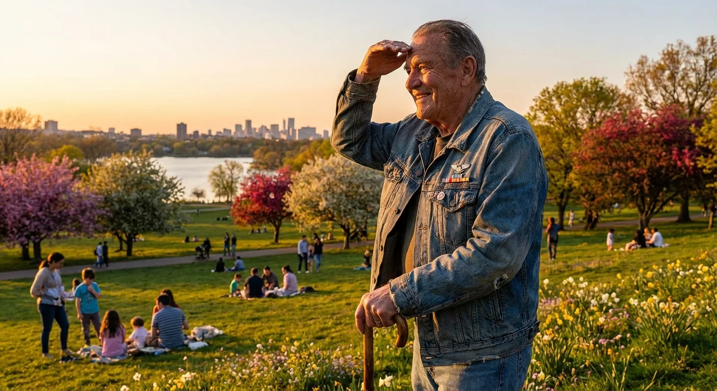A confident retired veteran smiling in a beautiful outdoor setting.