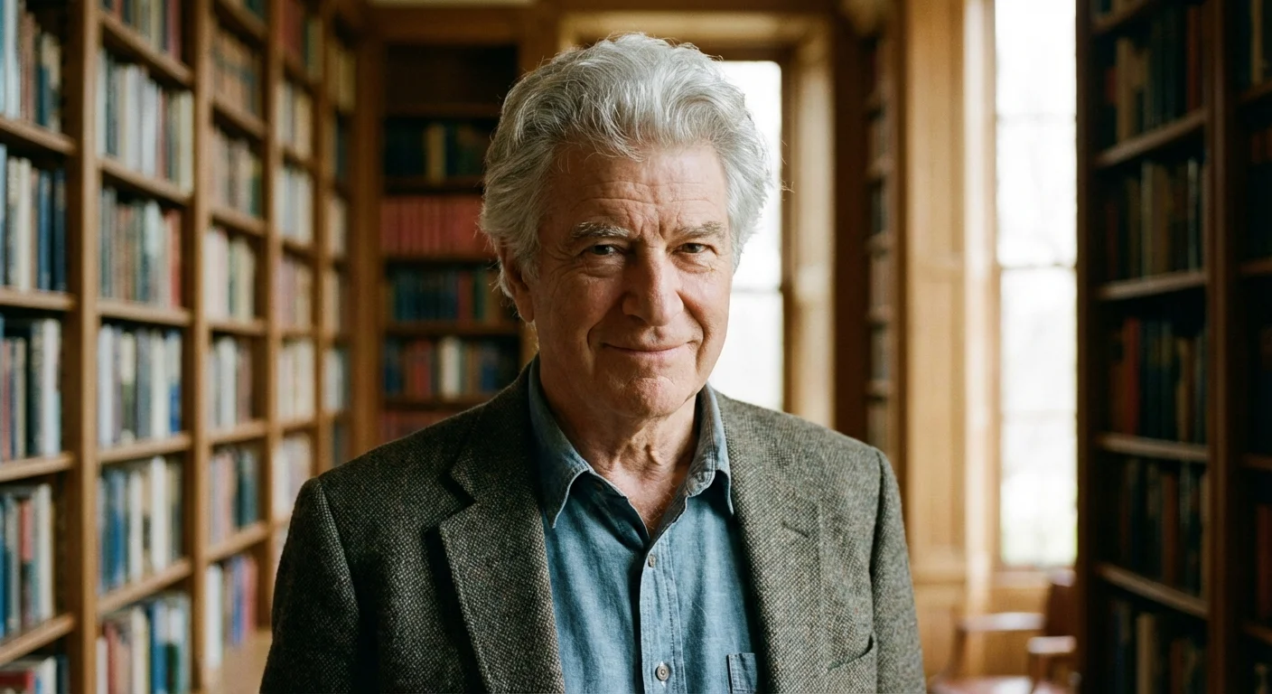 A confident, smiling man standing in a library setting.